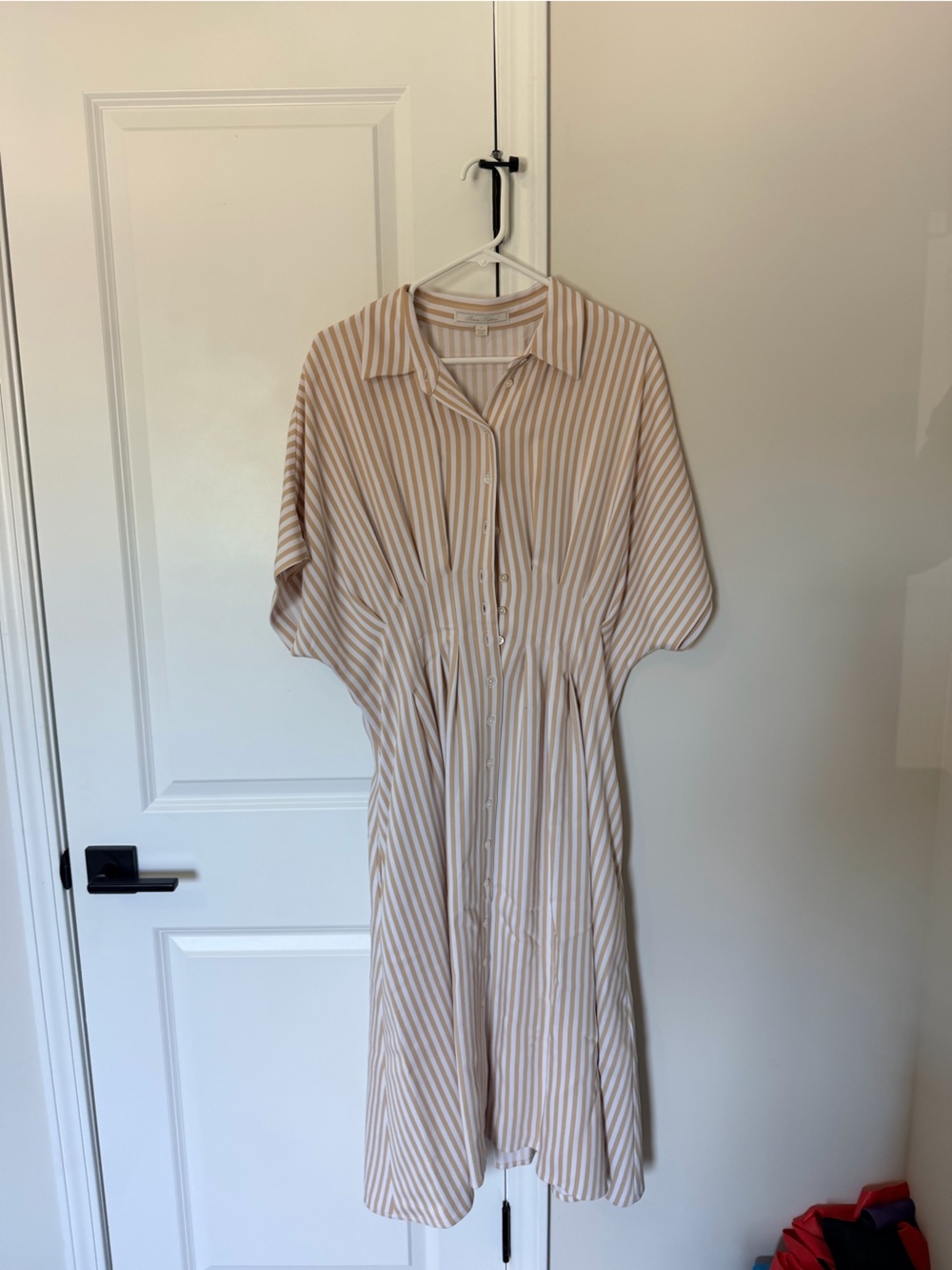Brooks Brothers Beige and White Striped Midi Shirt Dress